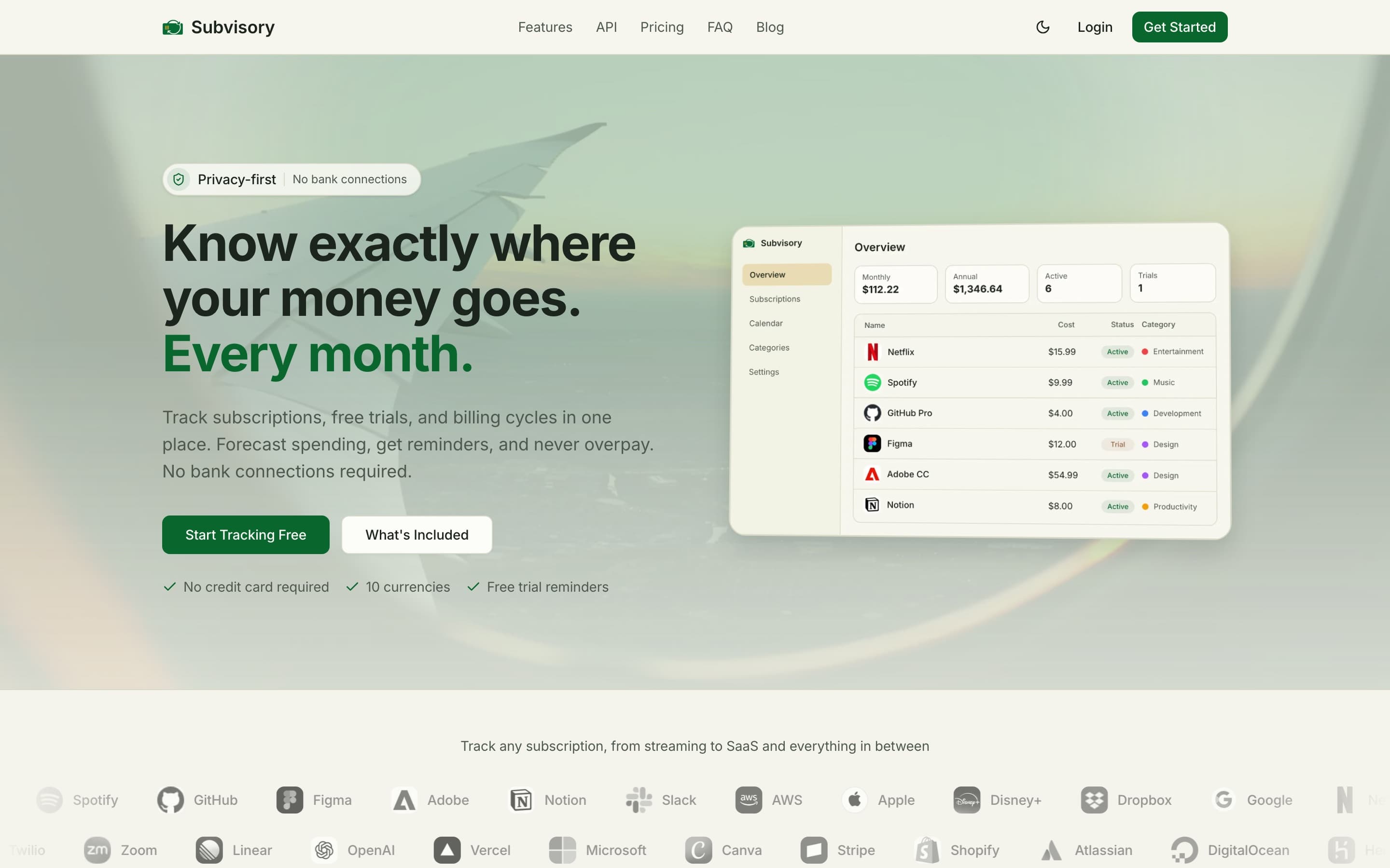 Subvisory homepage hero: know exactly where your money goes, with a dashboard preview