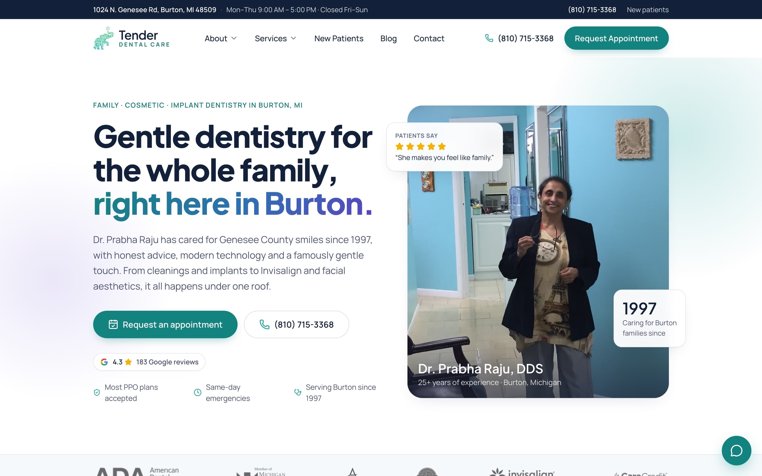 Tender Dental Care homepage hero with Dr. Prabha Raju and the practice's Burton, Michigan positioning